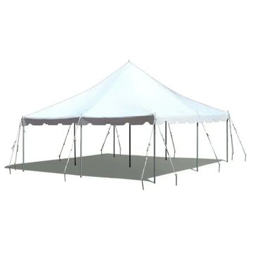 White outdoor event tent with a peaked roof and metal supports.