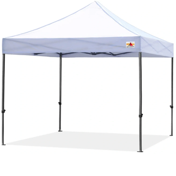 White pop-up canopy tent with four black adjustable legs.