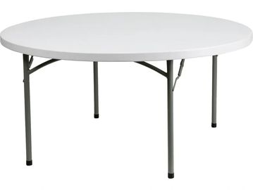 Round white folding table with metal legs.