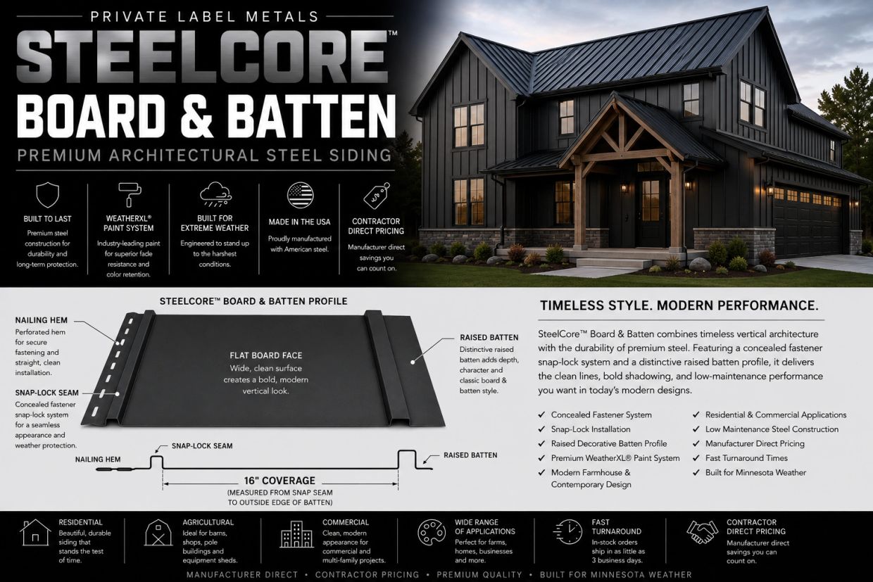 Modern black steel house with premium Board & Batten steel siding.