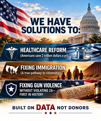 Poster listing solutions on healthcare, immigration, and gun violence with American flag and Capitol.