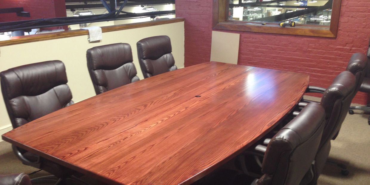 Custom Ash Conference Table with wire hole, Cherry Stain, Boat Shaped Table