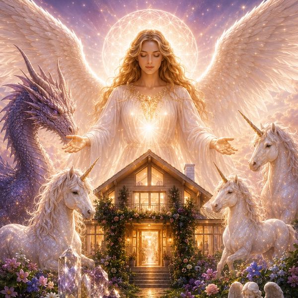 A radiant angel with wings guards a magical house surrounded by unicorns and a dragon.