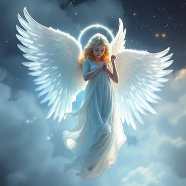 A serene angel with glowing wings and a halo in a dreamy sky.