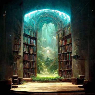 Mystical library archway opening to a lush, glowing forest.