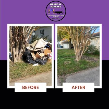Before and after junk removal showing a clean yard.