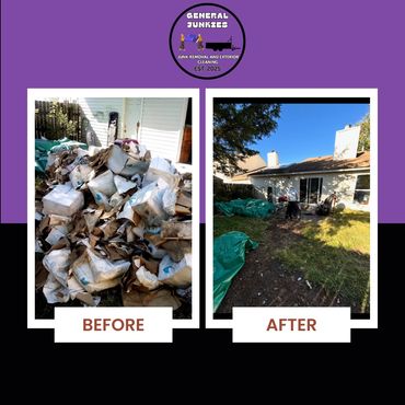 Before and after junk removal showing a clean backyard with removed debris.