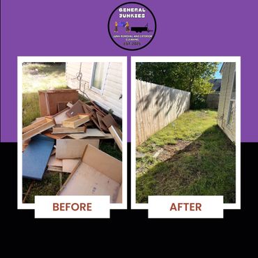 Before and after junk removal showing a clean, grassy backyard space.