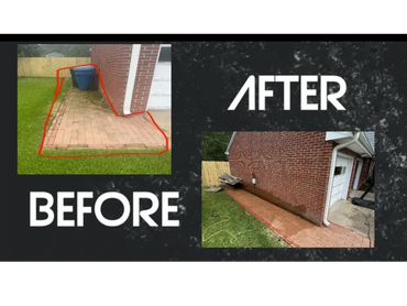 Before and after photos of a cleaned brick patio beside a house.