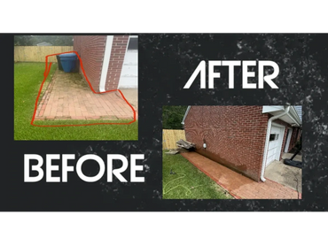 Before and after cleaning of a brick patio area beside a house.