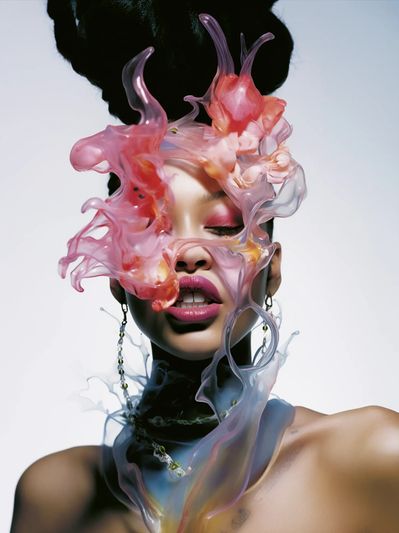 Surreal portrait with vibrant translucent floral elements enveloping the face.