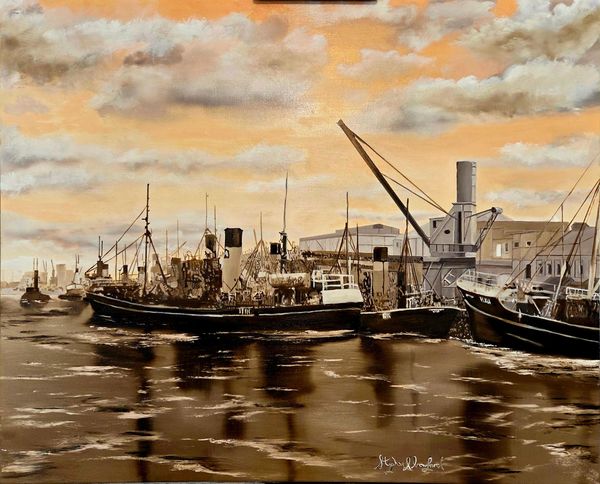 This oil painting depicts a dock in Hull with trawlers moored at the dock, in sepia as this is a pai