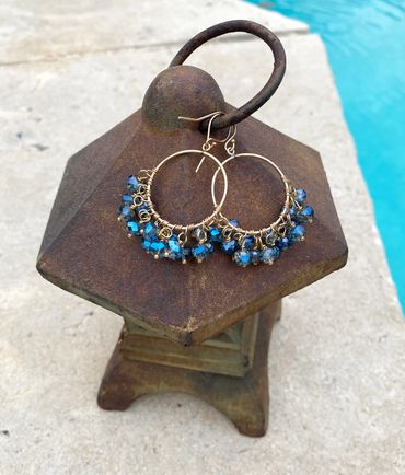 Gold fill hoop with blue crystal cluster.