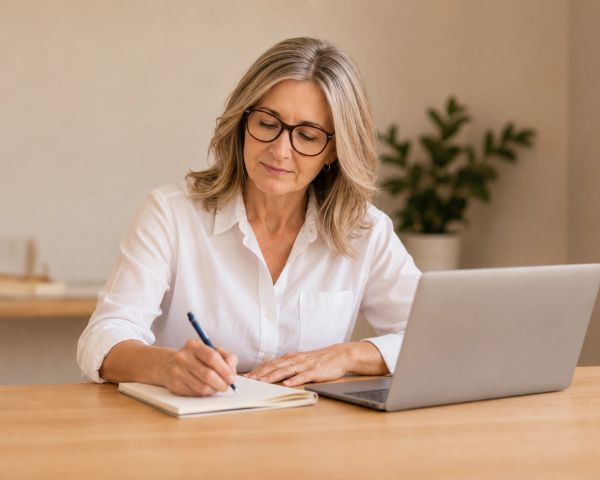 Robyn working at desk with laptop