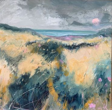 Fields, Moonrise, ocean. Blue, grey yellow Coastal Cornwall. Original art