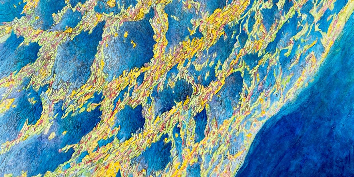 abstract painting - sea turtle tracks series with bright blue and yellow coastal colors