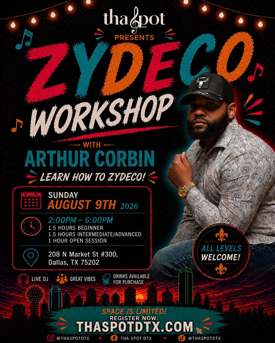 Zydeco workshop with Arthur Corbin on August 9th, 2026 in Dallas.