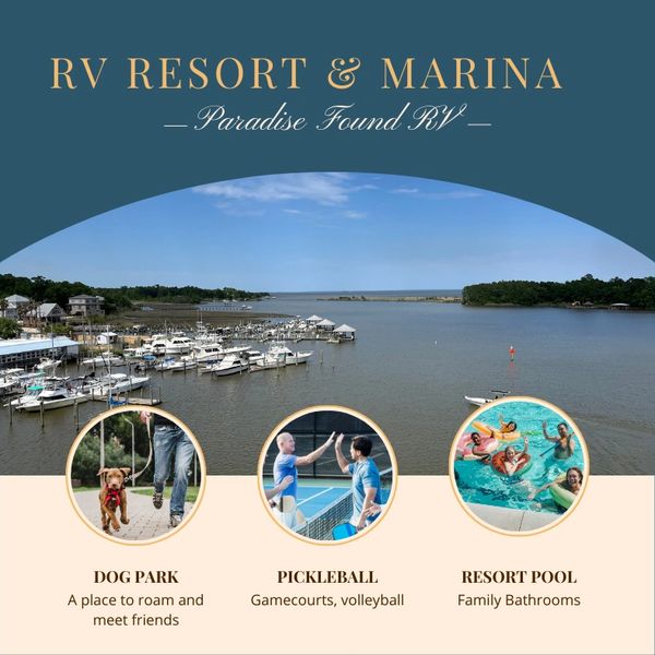 Paradise Found RV Resort and Marina Amenities Dog park, pickleball, pool, gameroom
