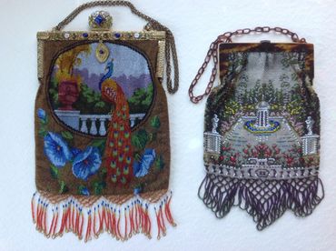 Two exceptional antique beaded motif purses, with restored netted fringes.