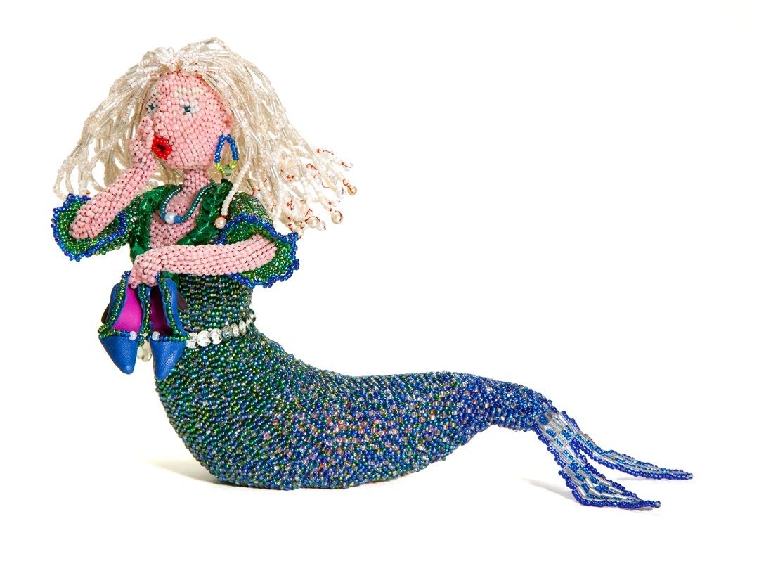"Fishionista," beaded mermaid over antique pin cushion armature.