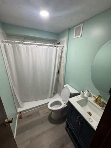 Small bathroom with mint green walls, white shower curtain, and modern fixtures.