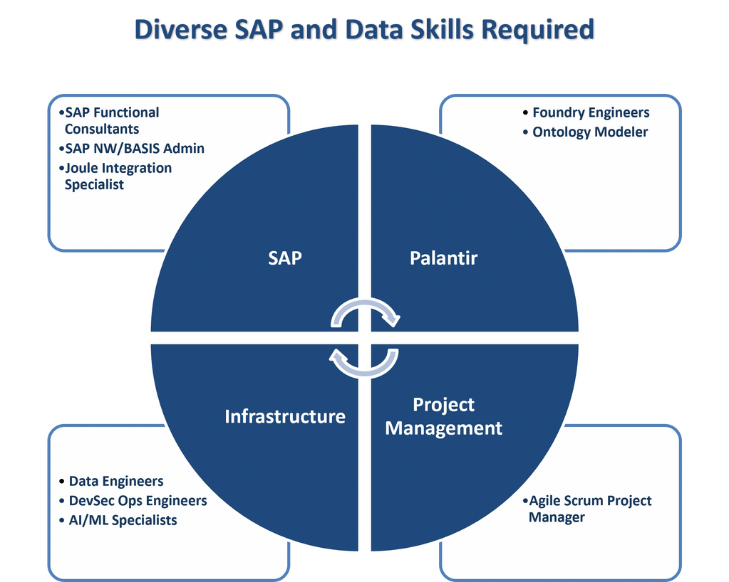 Chart showing diverse SAP and data skills required across four areas: SAP, Palantir, Infrastructure, and Project Management.