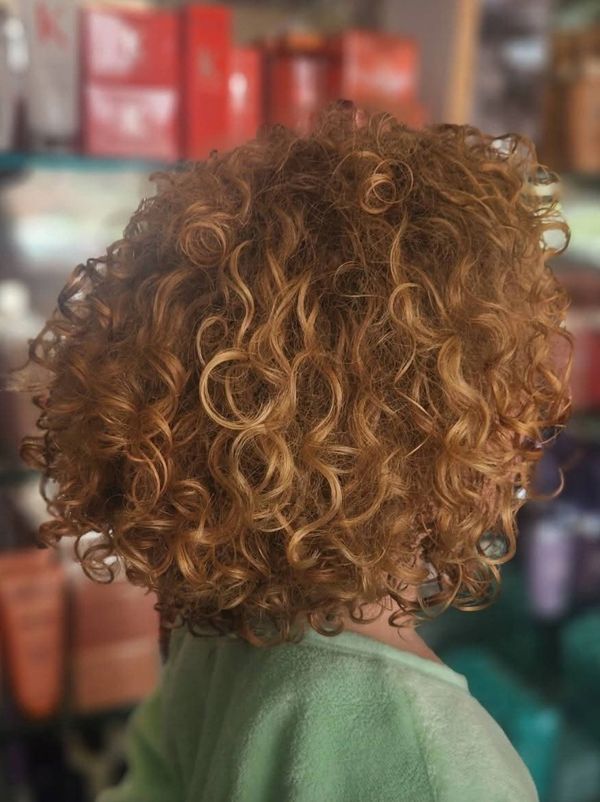 Tight golden brown curls on a child's head.