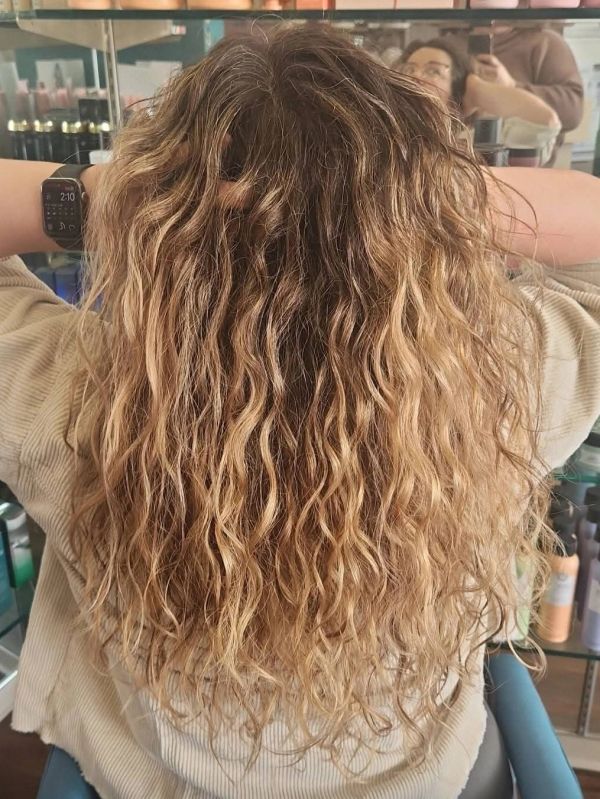 Long curly brown hair with highlights from the back.