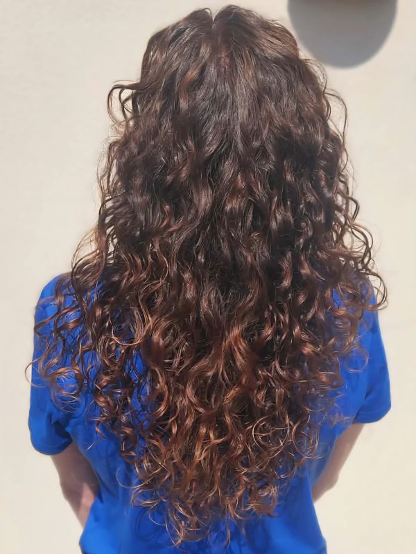 Long curly brown hair on a person wearing a blue shirt.