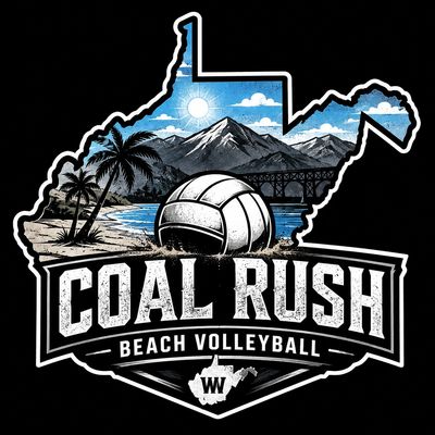 Logo for Coal Rush Beach Volleyball with a volleyball and scenic mountains.