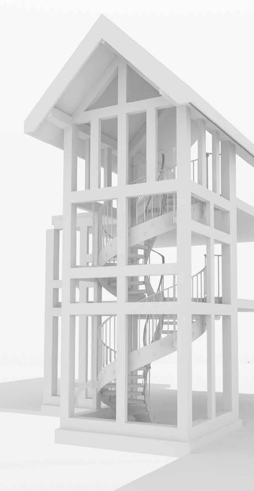 White architectural model of a building with a spiral staircase inside large glass windows.