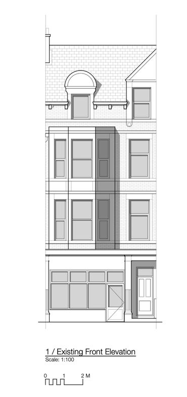 Architectural drawing of an existing front elevation of a building.