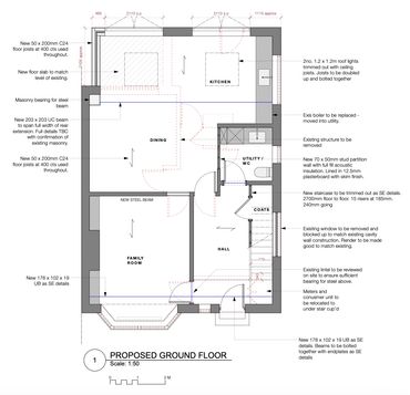 Architectural floor plan showing proposed ground floor layout with kitchen, dining, family room, hall, utility/WC, and coats area.
