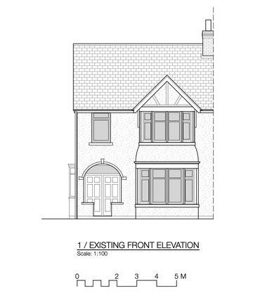 Architectural front elevation drawing of a two-story house with bay windows and a pitched roof.