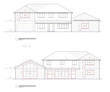 Architectural blueprint showing proposed front and rear elevations of a two-story house with detailed window and door measurements.