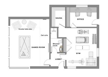 Floor plan showing a games room, gym, office, sauna, shower room, and lobby.