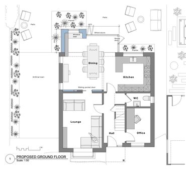 Architectural floor plan of a proposed ground floor with labeled rooms and outdoor spaces.