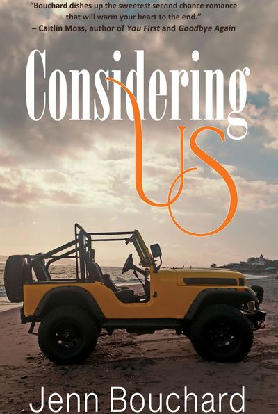 A yellow jeep on a beach at sunset with the book title Considering Us.