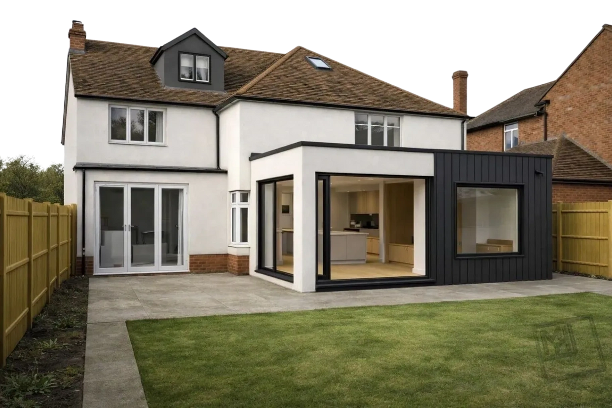 Modern house with a sleek black and white extension and a spacious backyard.