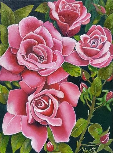 bright pink roses and buds flowers oil painting