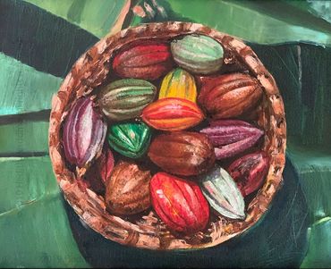 cocoa pods harvest still life south america oil painting
