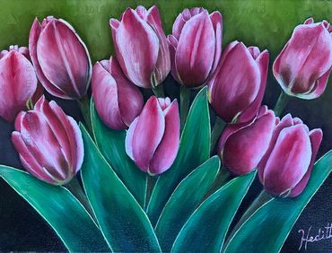 tulips spring dark pink flowers oil painting