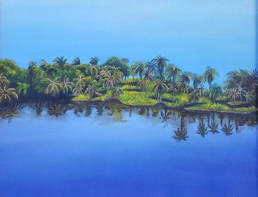 beach palm trees lake blue sky south american beach landscape oil painting