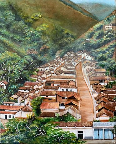 south american colonial homes village in the andes landscape oil painting  