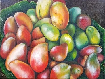 ripe and green mangoes south america still life oil painting
