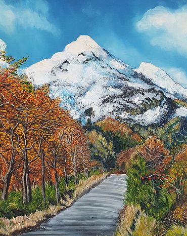 Walk through mountains snow colorful trees blue sky south america oil painting