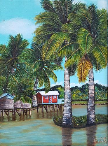 Landscape seascape oil painting beach palm trees palafitos nature artwork fine artist fine art