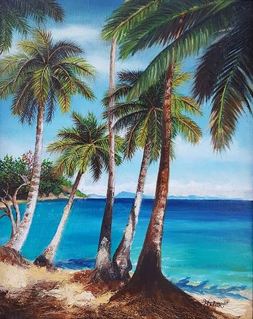 Landscape seascape oil painting beach palm trees nature artwork fine artist fine art