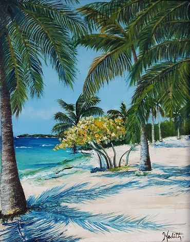 Landscape seascape oil painting beach palm trees white sand nature artwork fine artist fine art