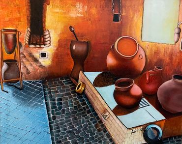 colonial kitchen south america still life oil painting